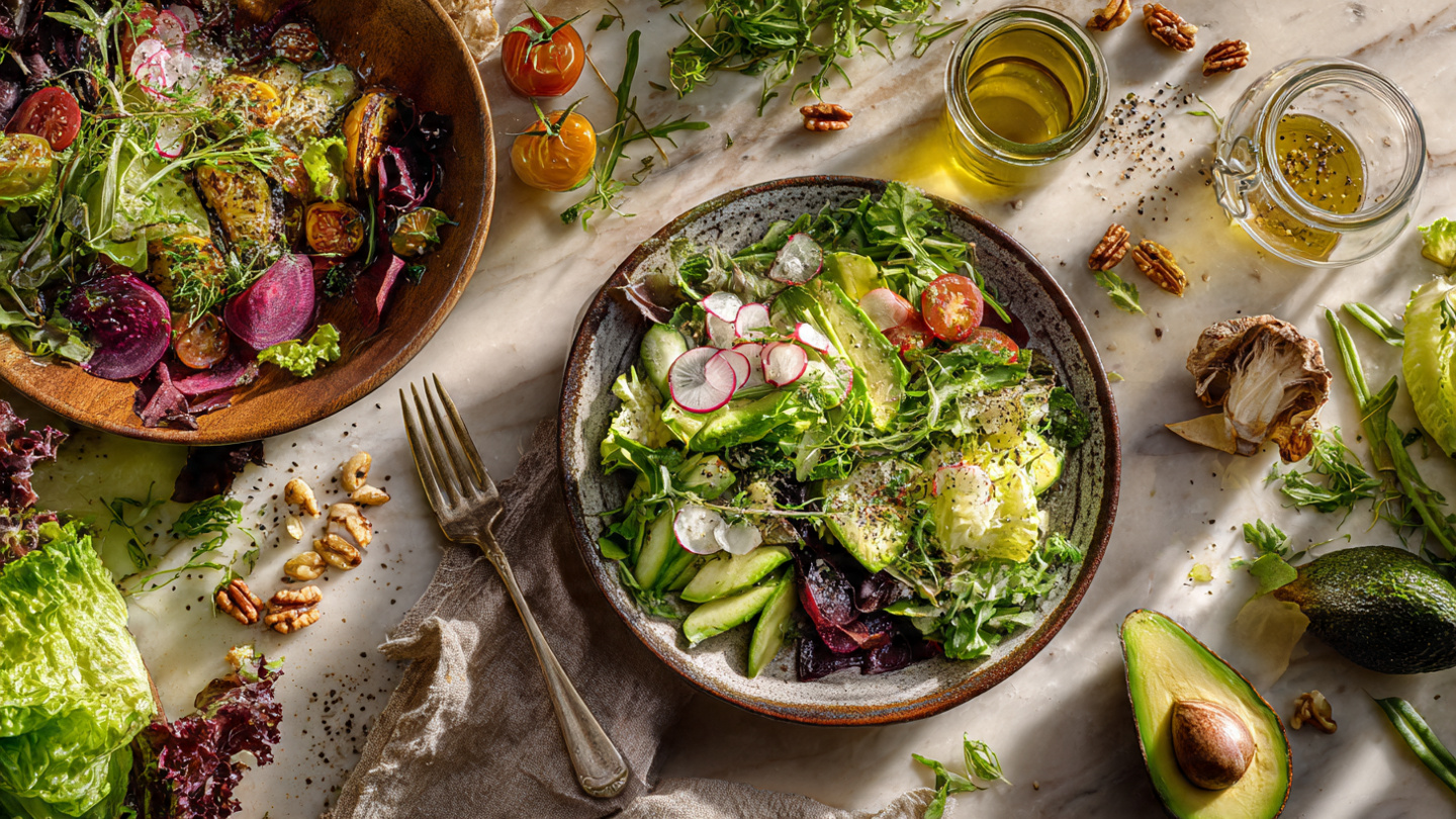 Fresh, healthy dishes celebrating greens, roasted vegetables, grain bowls, and plant-forward cooking.