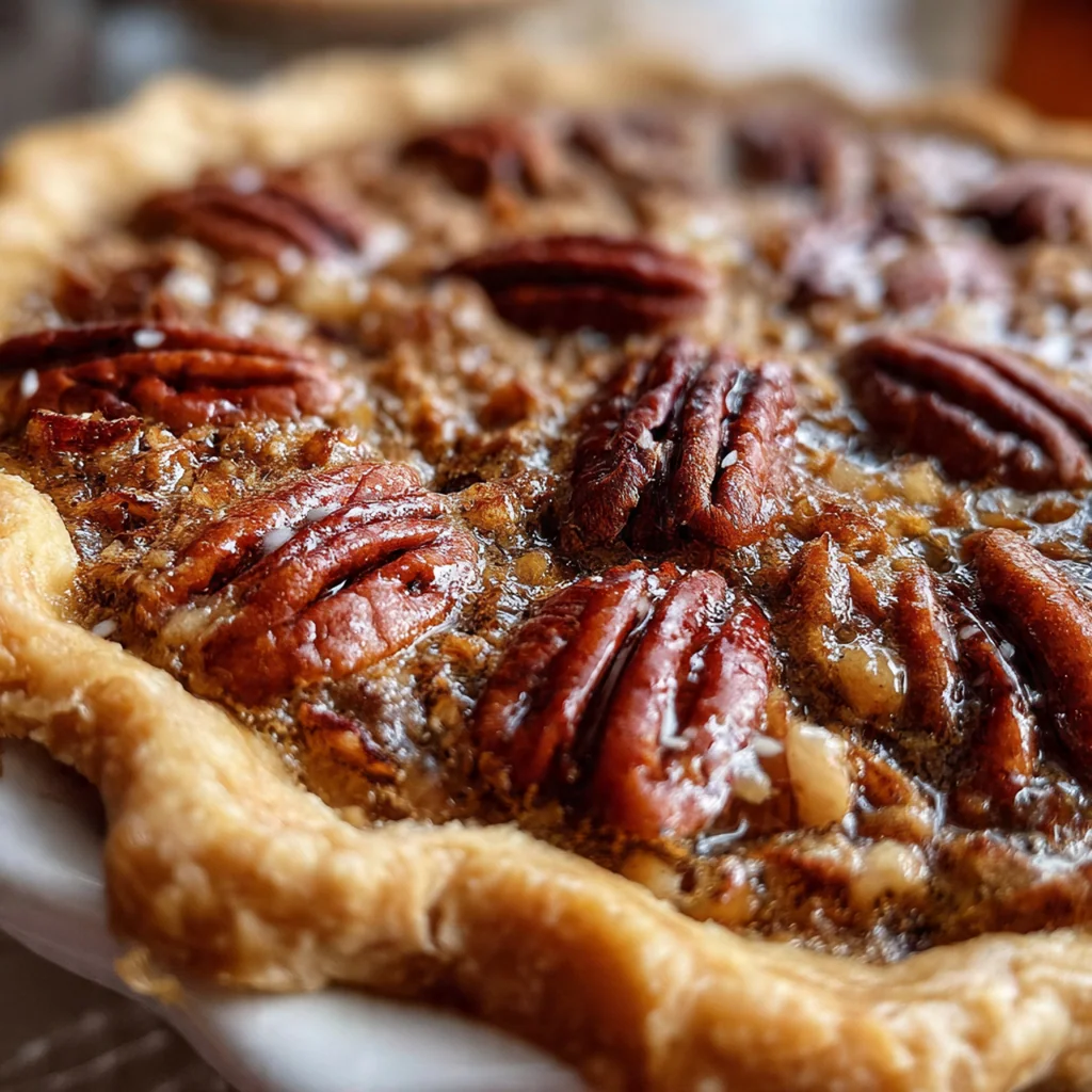 A classic old fashioned pecan pie with a golden flaky crust and a filling packed with toasted pecans