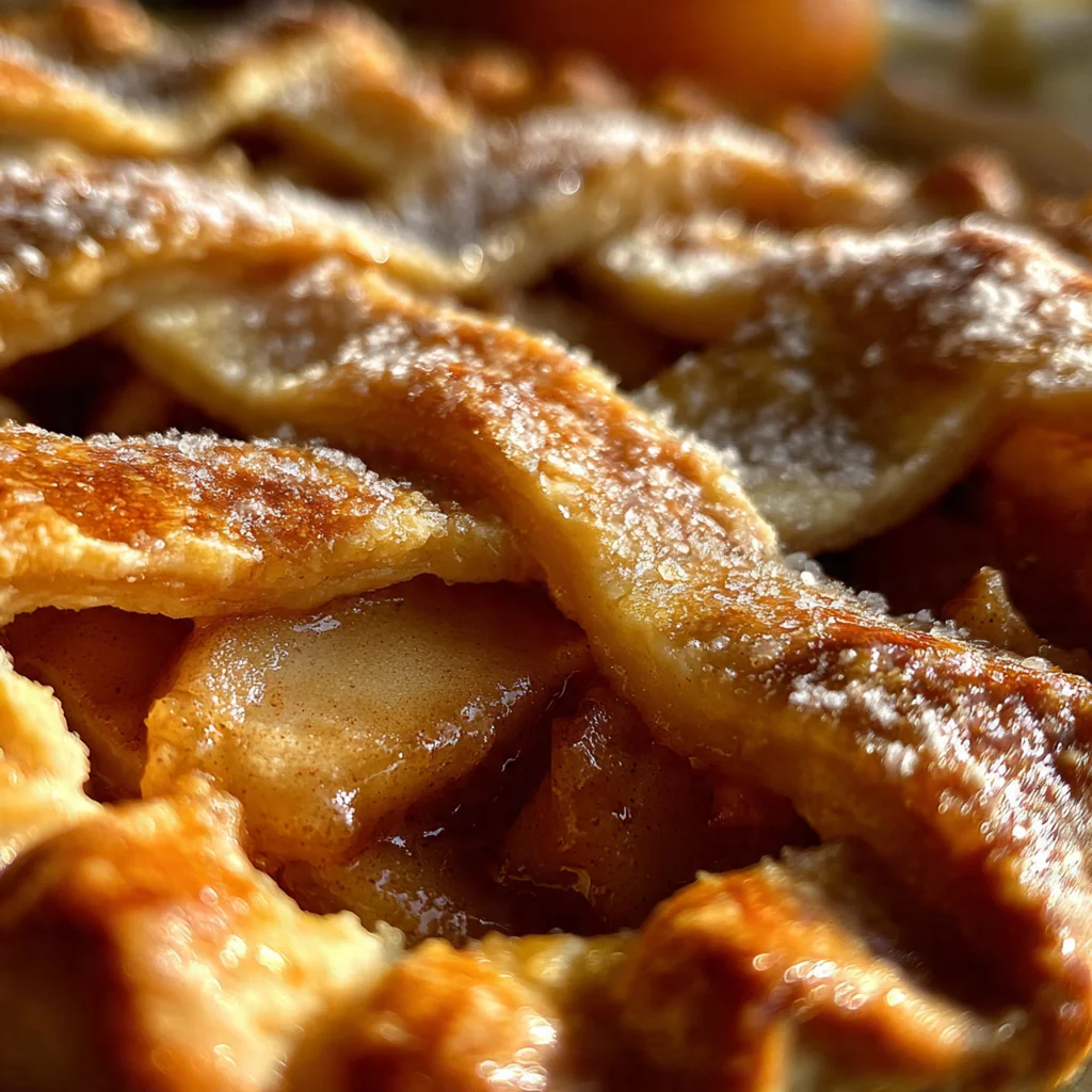 Golden brown Apple Pie by Grandma Ople with a flaky lattice crust and bubbling filling