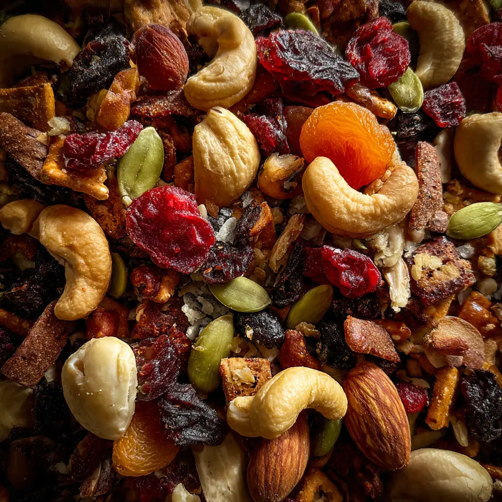 A large wooden bowl filled with homemade trail mix showcasing roasted nuts, dark chocolate chunks, and red dried cherries