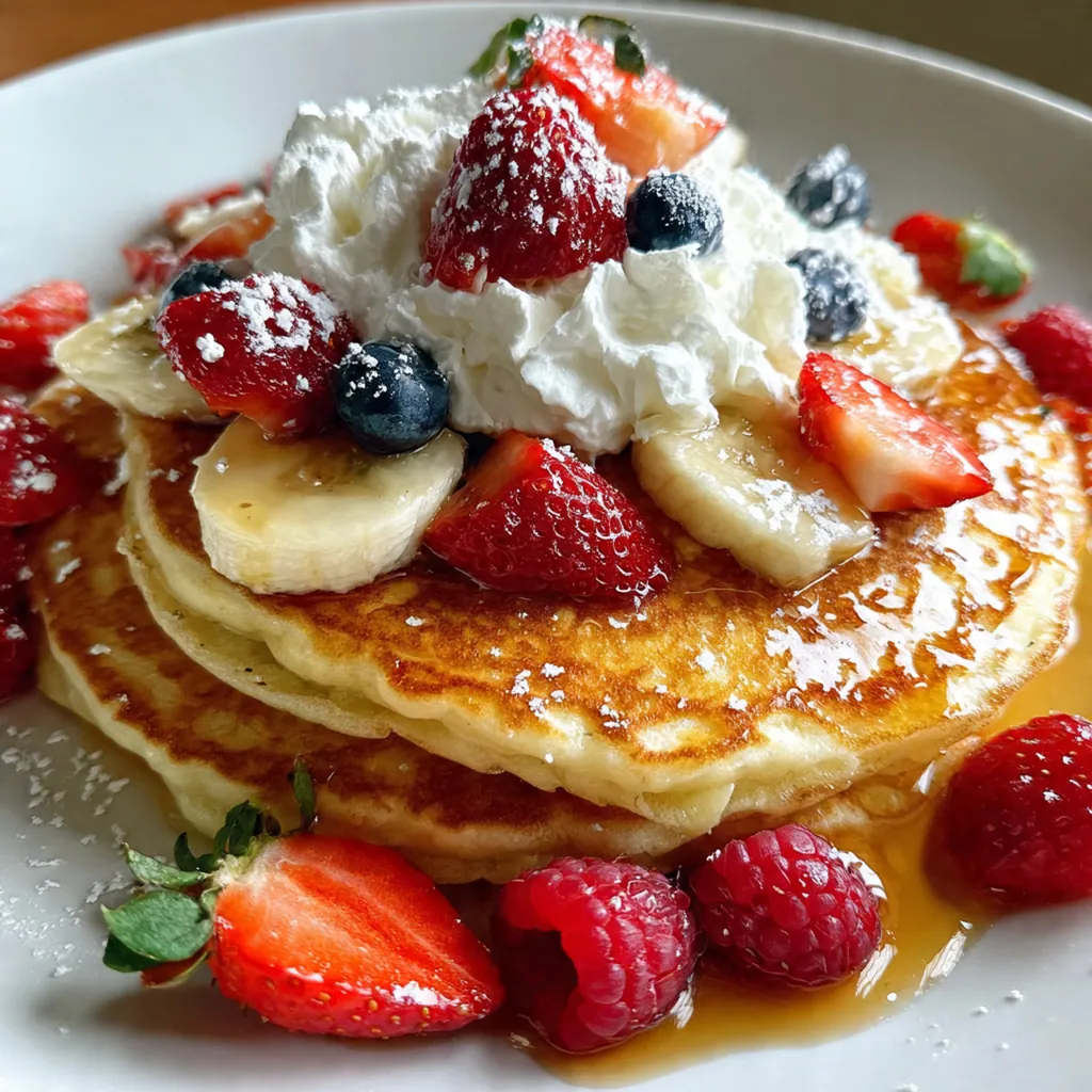 A tall stack of golden brown buttermilk pancakes with melting butter and a drizzle of maple syrup