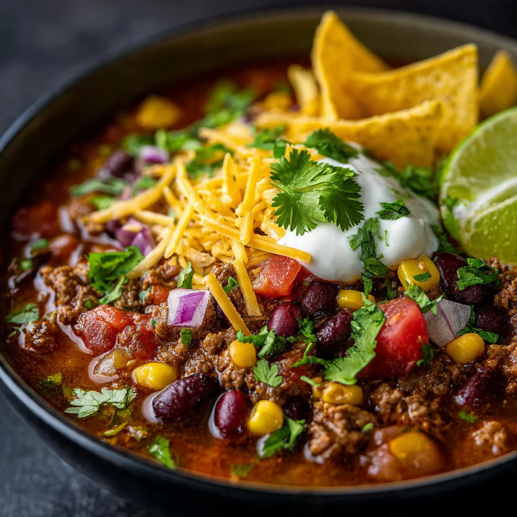 A steaming bowl of original taco soup loaded with ground beef, beans, and corn, topped with melting cheddar cheese and fresh cilantro.