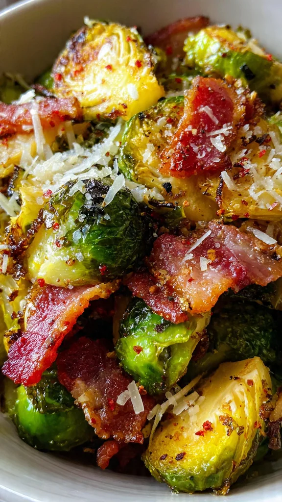 Bacon and Parmesan Brussels Sprouts with Black Garlic