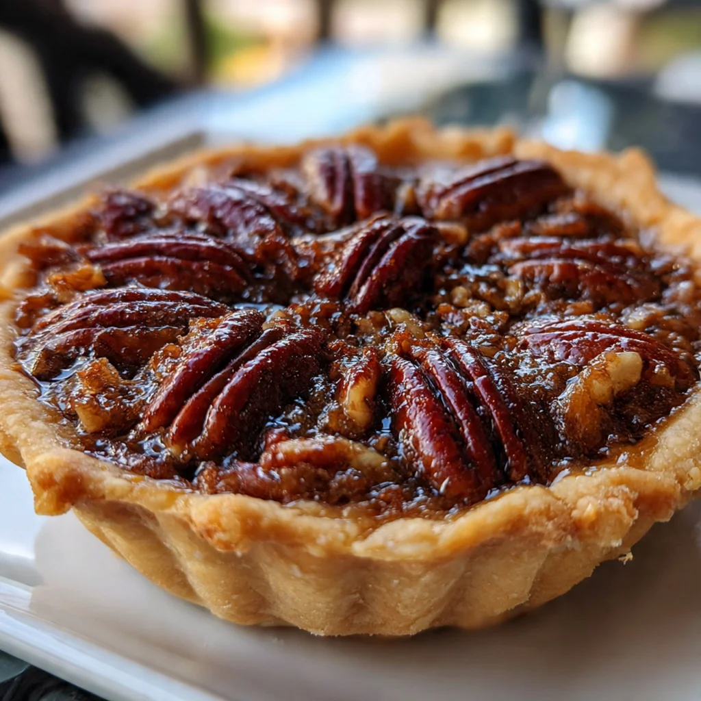 A serving plate with an individual pecan pie topped with a scoop of melting vanilla ice cream and a whole pecan