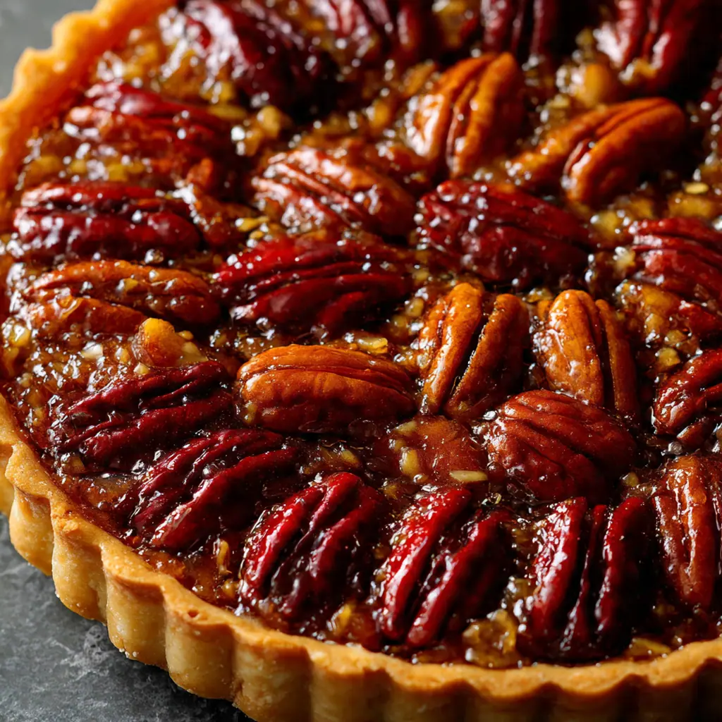 Close-up of a slice of pecan pie tart showing the layered shortbread crust and gooey interior.