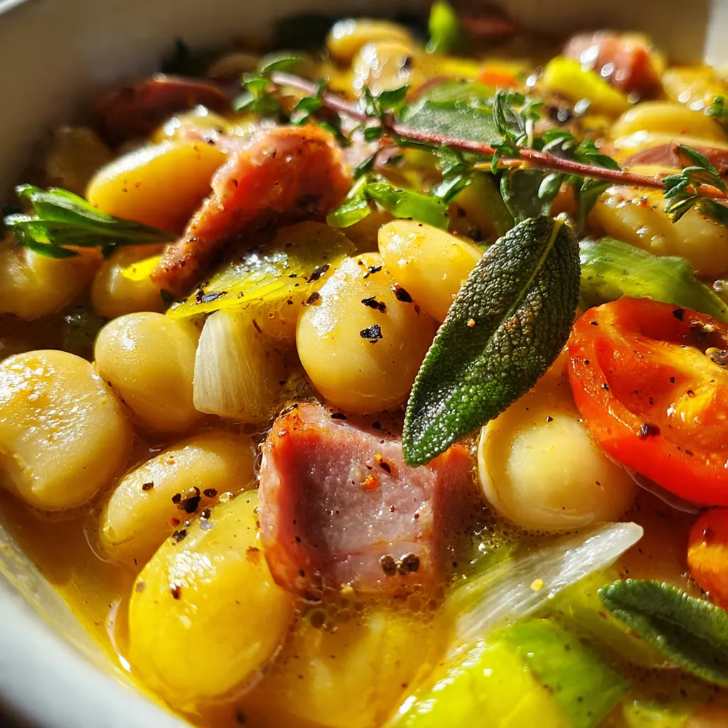 Close-up of a spoonful of tender butter beans and smoky ham in savory potlikker