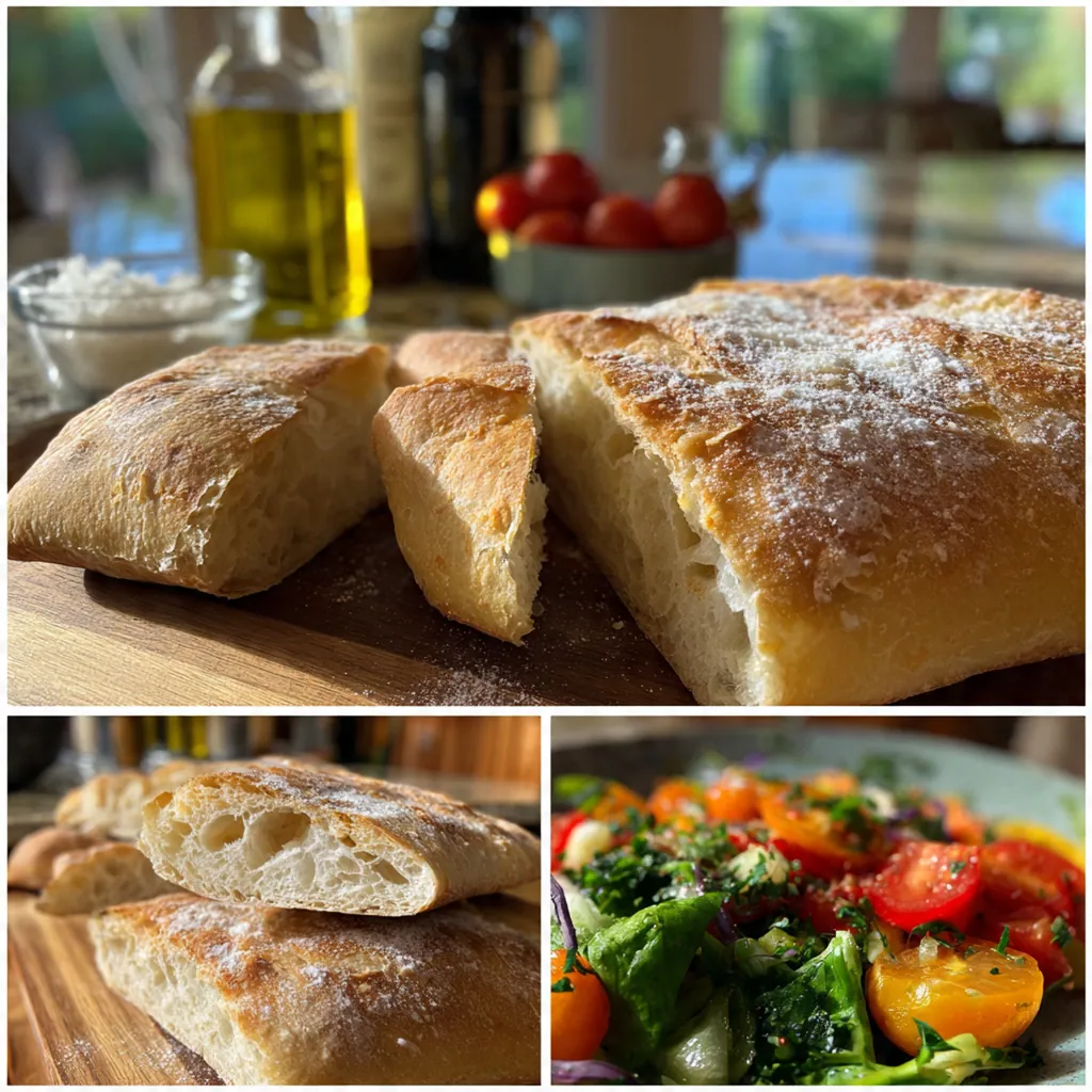 Close-up of a torn piece of ciabatta showing the soft, holey interior and thin, crackly crust