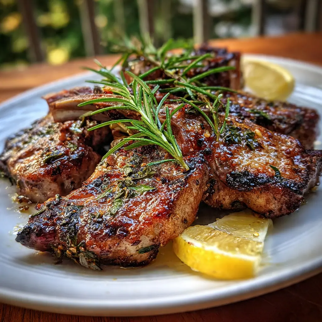 A complete dinner plate featuring simple grilled lamb chops, lemon wedges, and roasted vegetables