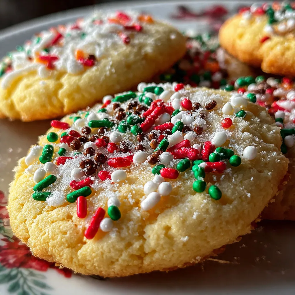 Close-up of a single soft Christmas cookie with a drizzle of red icing and sparkling sugar