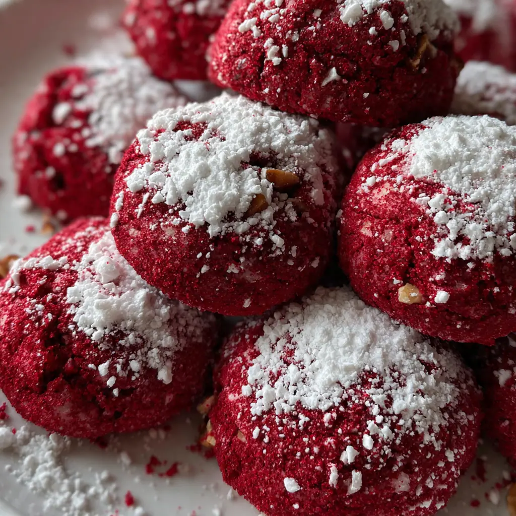 A holiday cookie tray featuring red velvet snowballs alongside other Christmas treats and a mug of cocoa