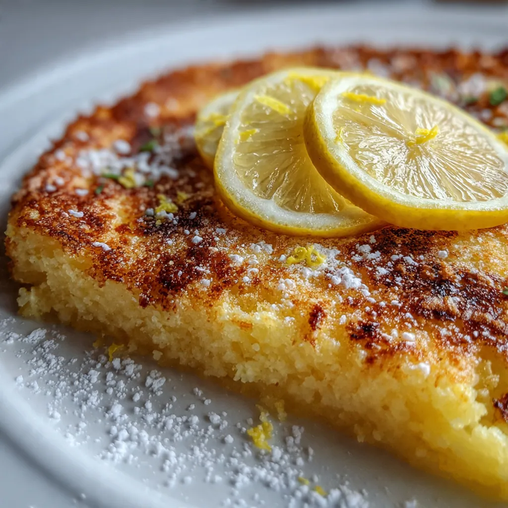 Close-up slice of lemon impossible pie showing the distinct custard and crust layers