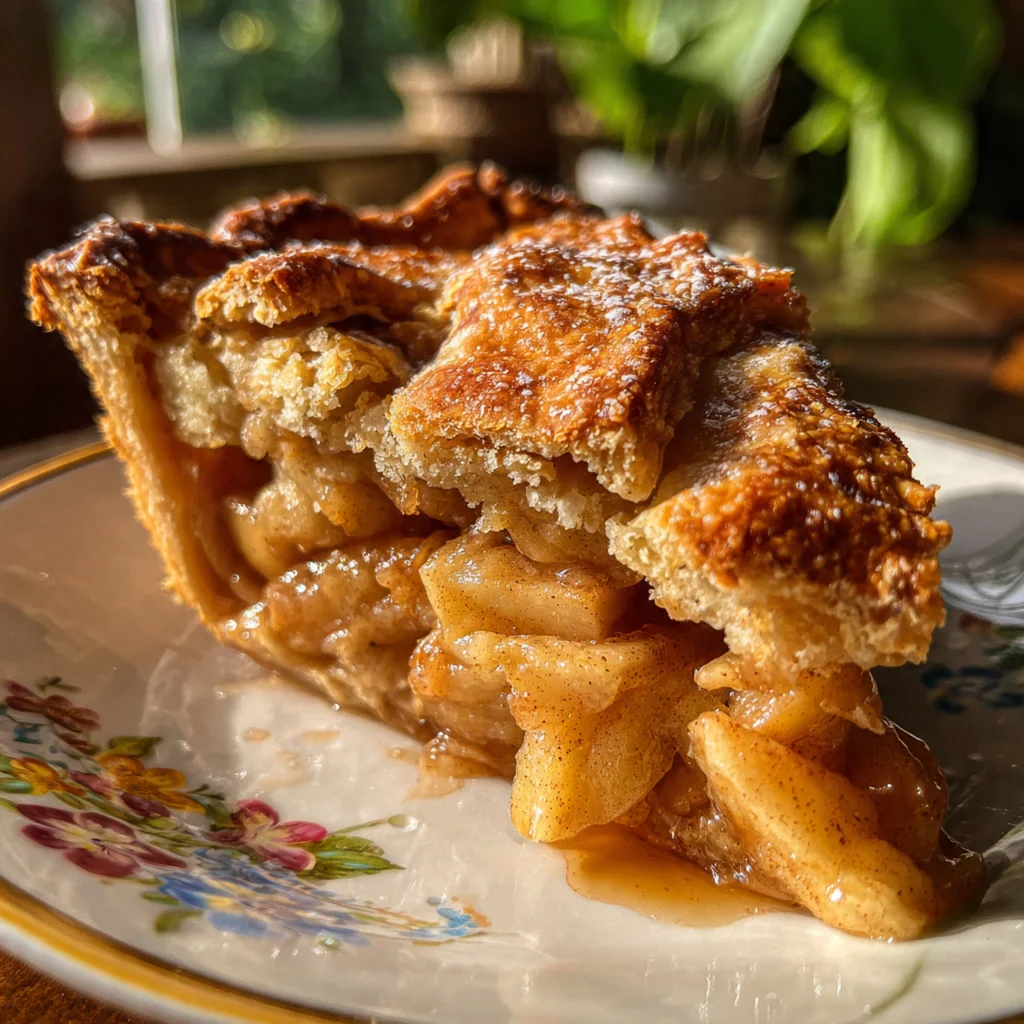 A whole apple pie on a wooden table with a scoop of vanilla ice cream melting beside it