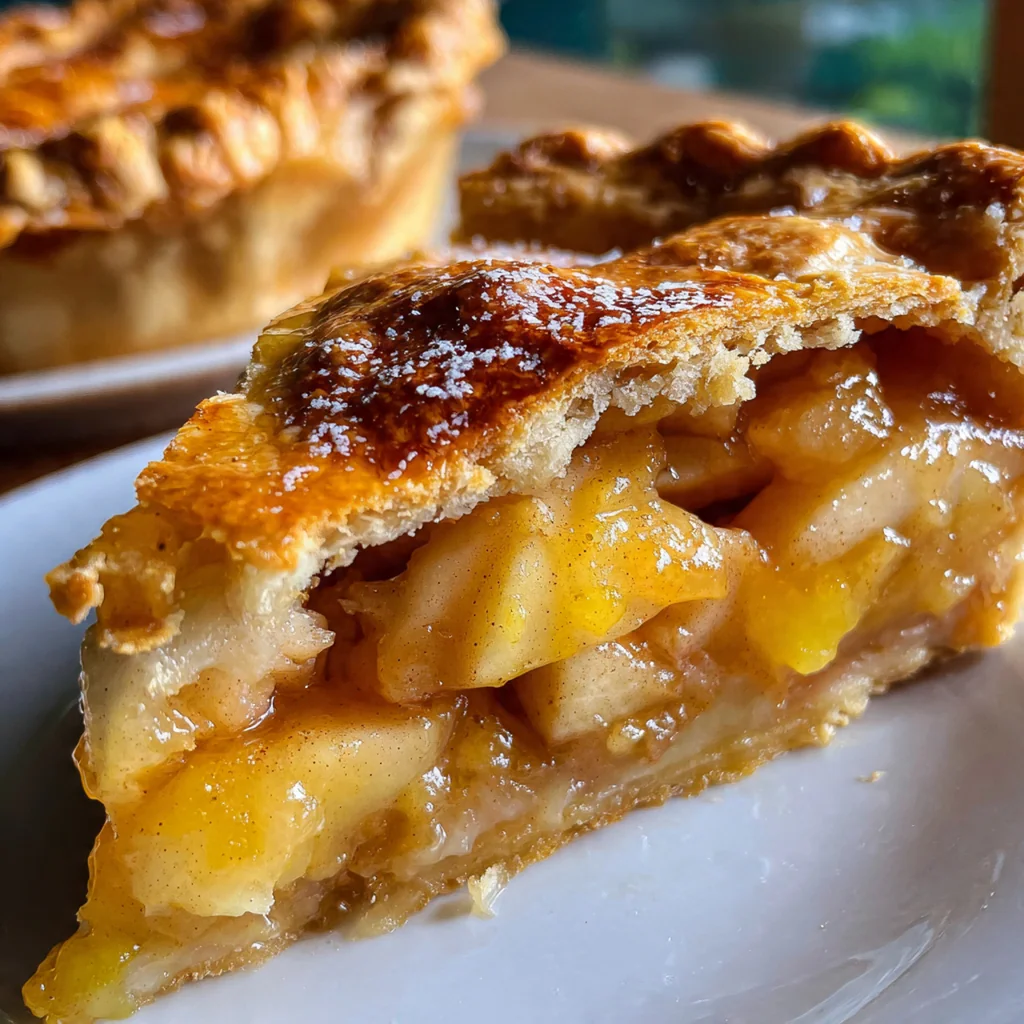 Whole apple pie with lemon curd on a table, dusted with powdered sugar and served with whipped cream
