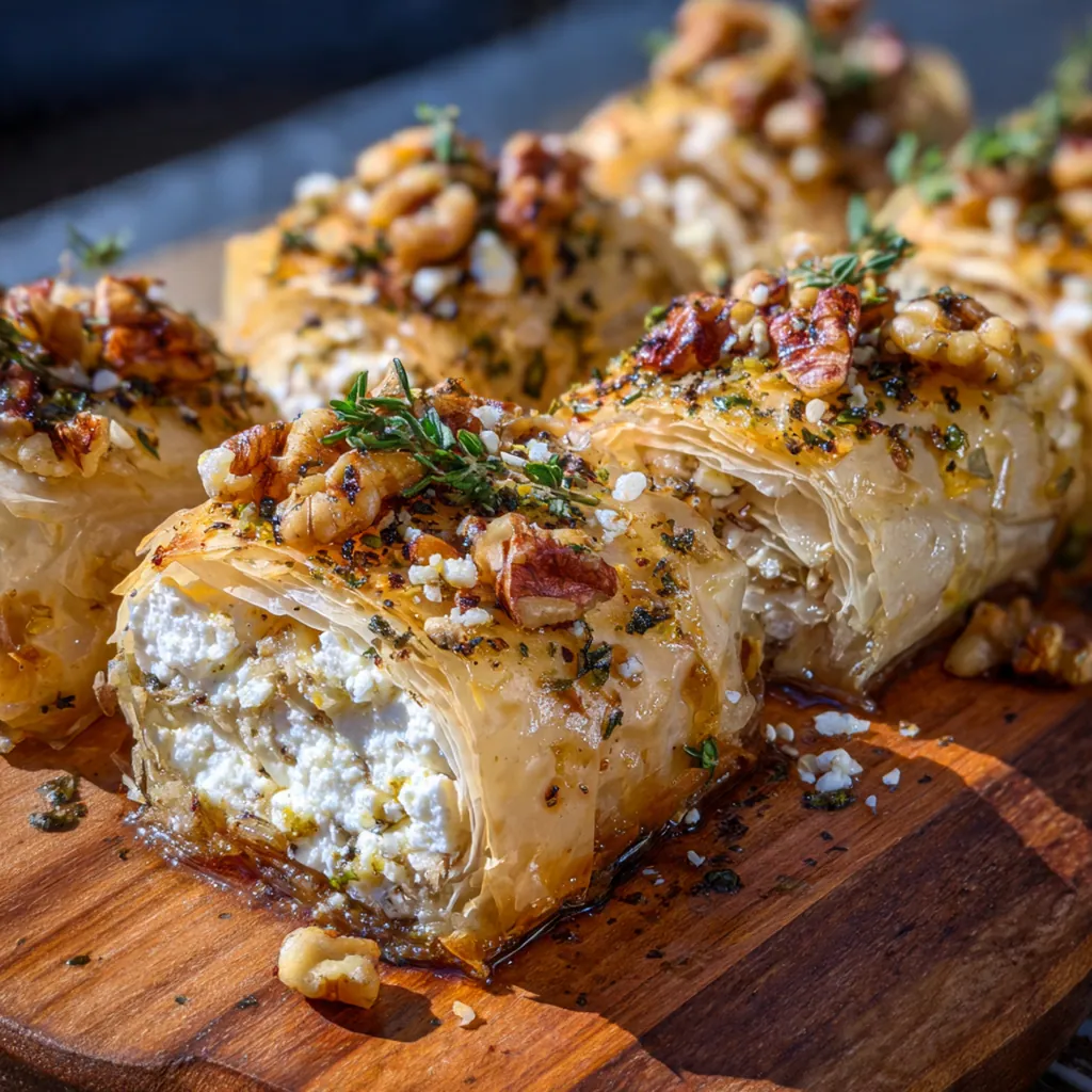 Close-up of a crispy phyllo roll broken open to show the creamy herbed feta and walnut filling