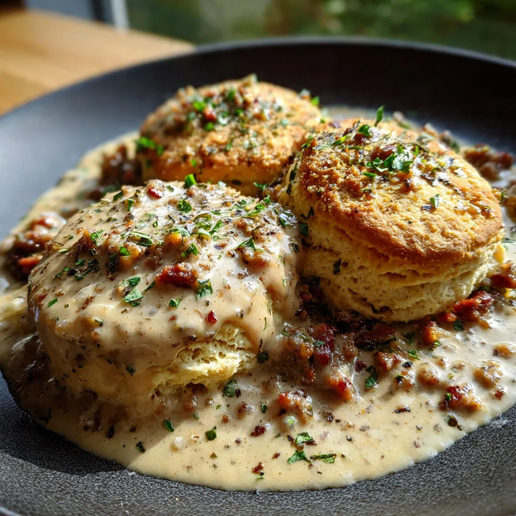 Overhead view of a rustic breakfast plate with golden brown biscuits smothered in peppery sausage gravy.