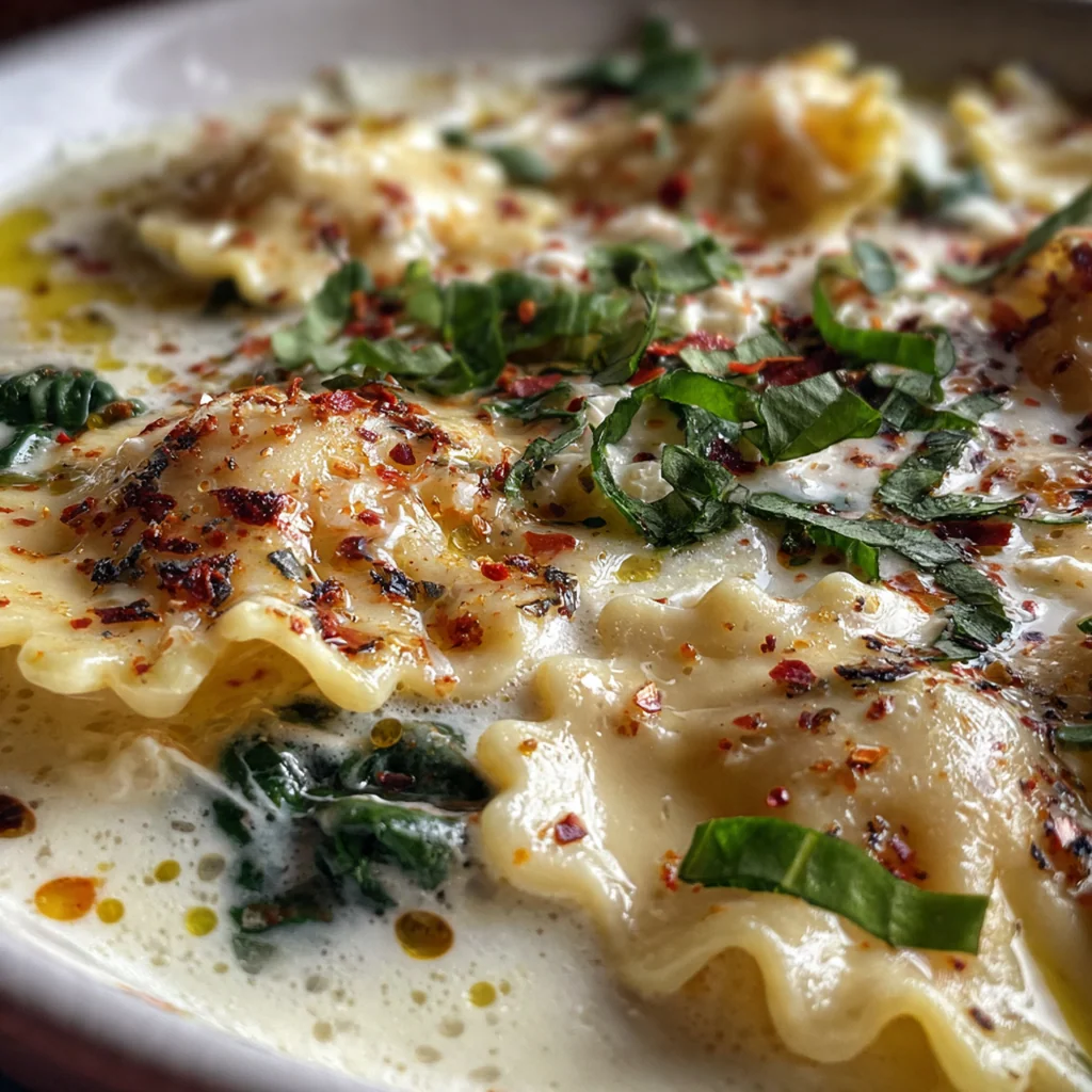 Close-up of a spoonful of soup showing broken noodles, sausage, and a swirl of ricotta