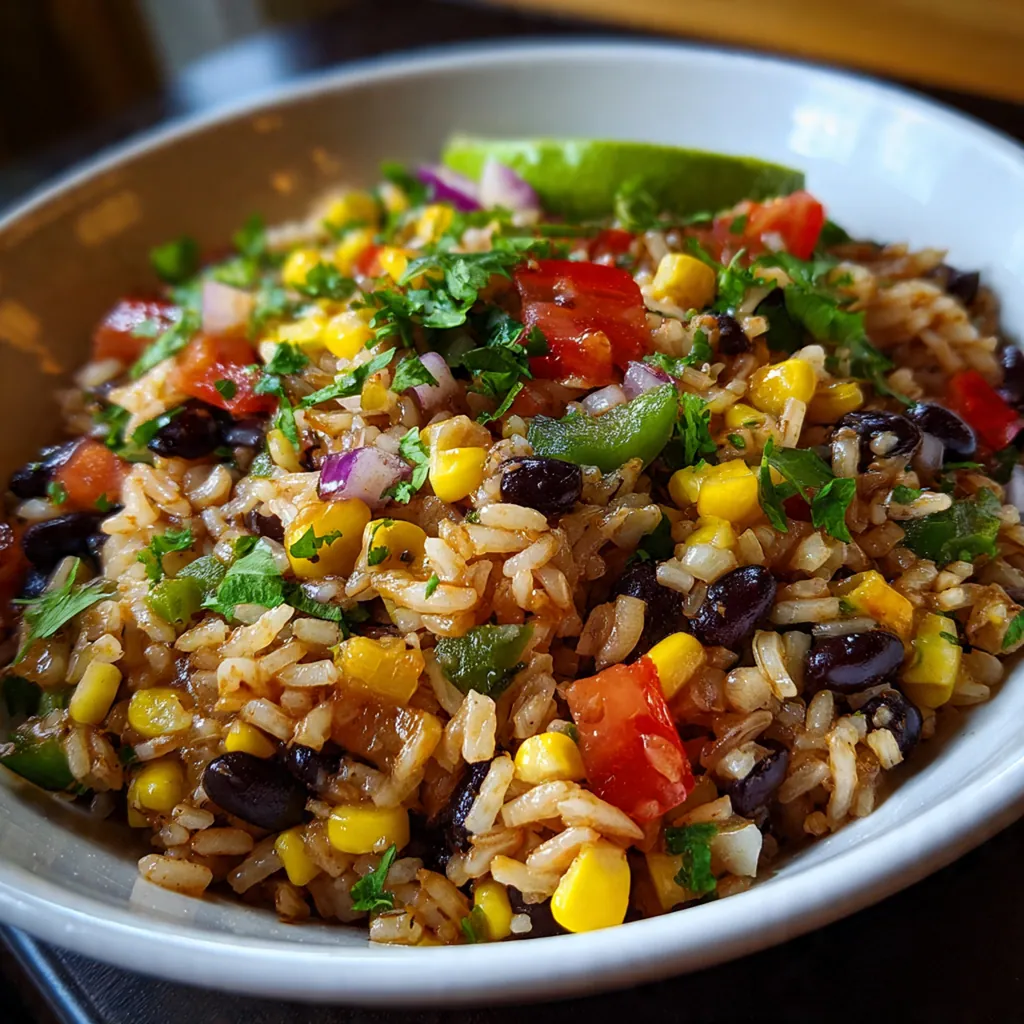 Close-up of a fork fluffing the finished spiced brown rice, showing the tender, separate grains