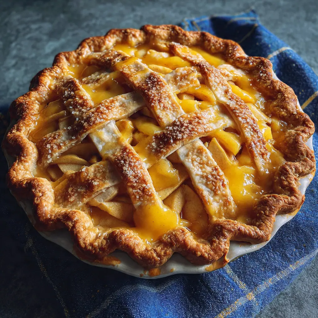 Close-up of glossy lemon curd layer topped with spiced apples in a pie dish