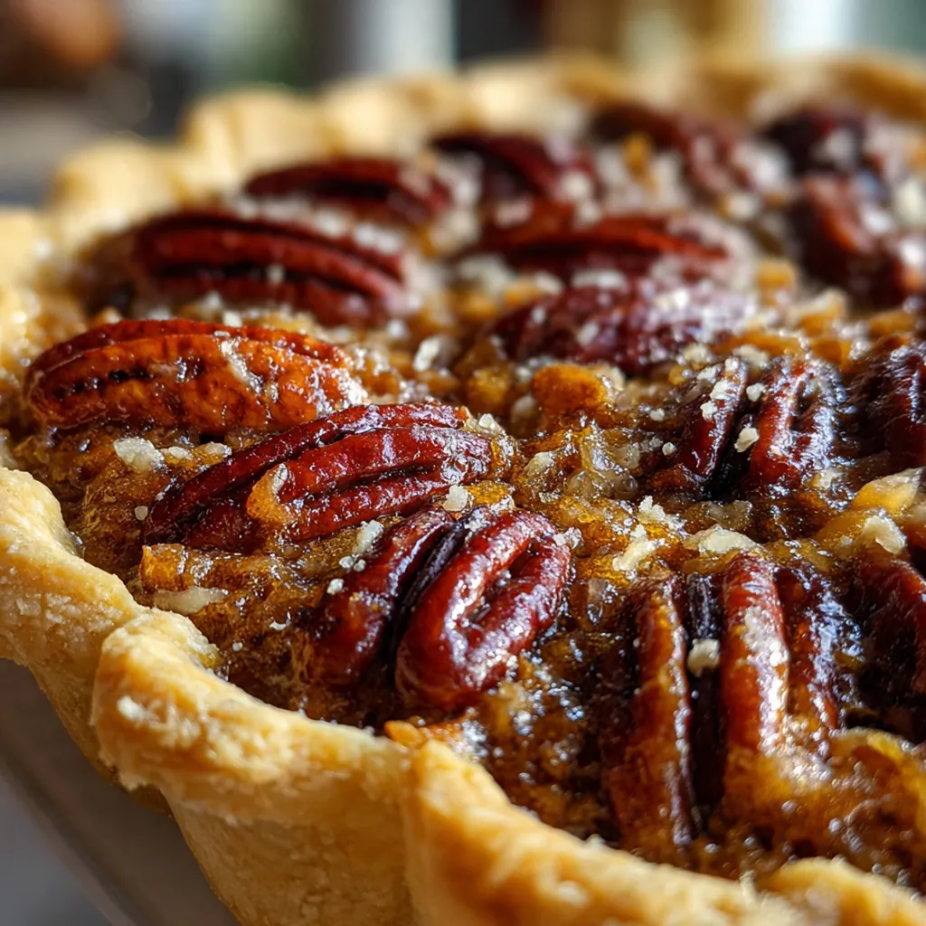 Close-up of a single mini pecan pie with whole pecans peeking through the sweet, set filling