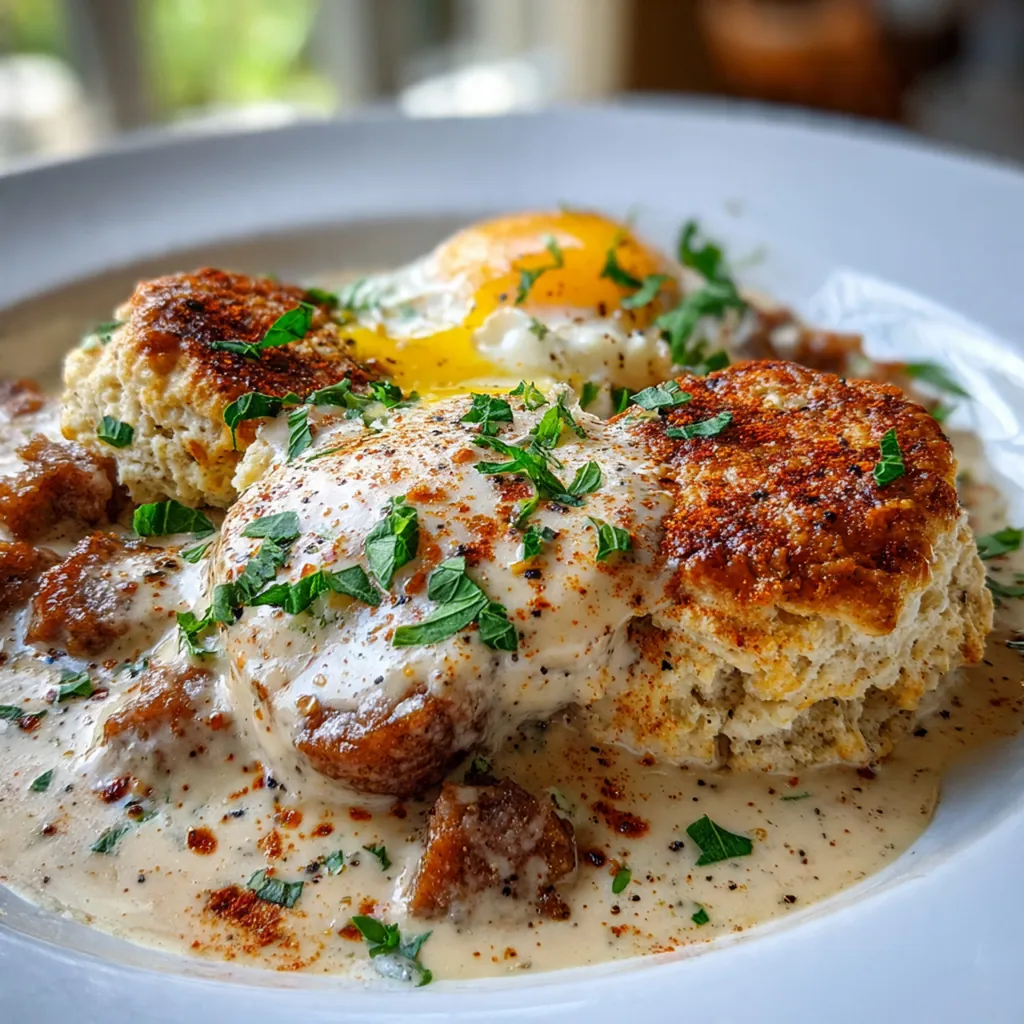 Close-up of a fork pulling apart a fluffy, layered homemade biscuit dripping with rich sausage gravy.