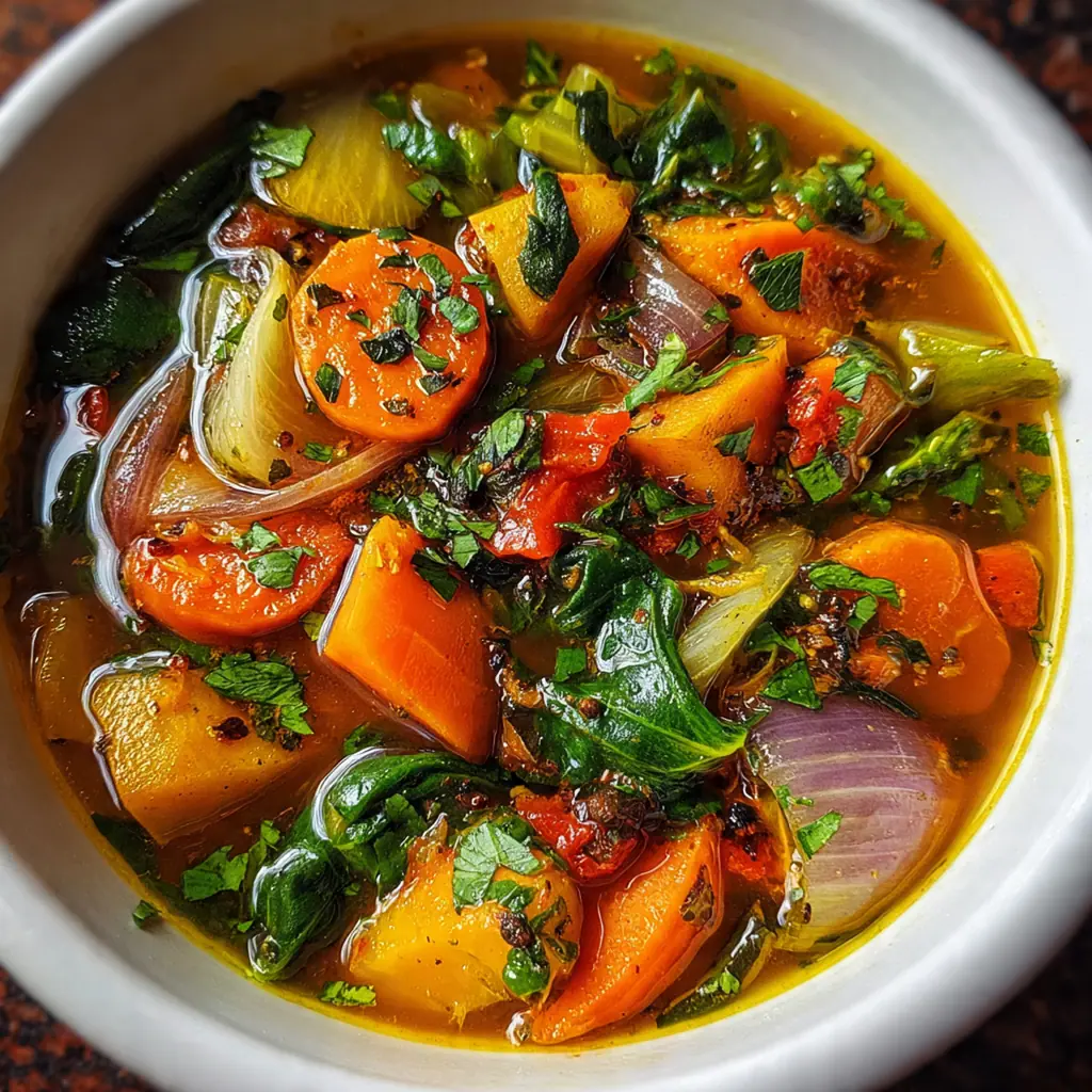 Overhead view of the finished anti inflammatory soup in a rustic pot with lemon wedges and fresh herbs on the side
