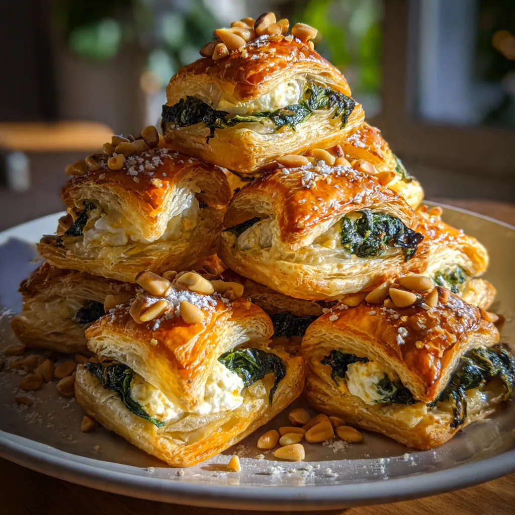 Close-up of a slice showing the creamy spinach and ricotta filling layered between flaky pastry