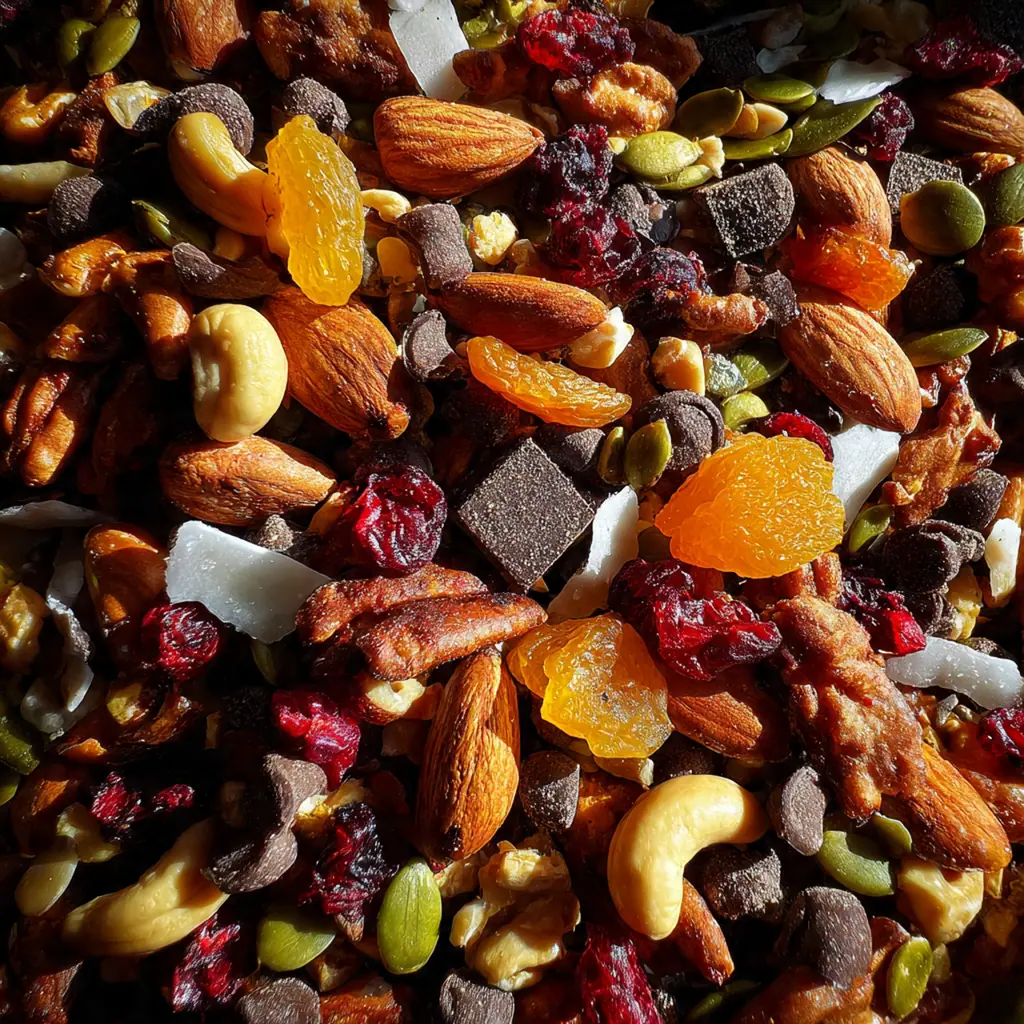 Savory sweet trail mix scattered on a rustic table next to a hiking backpack and map