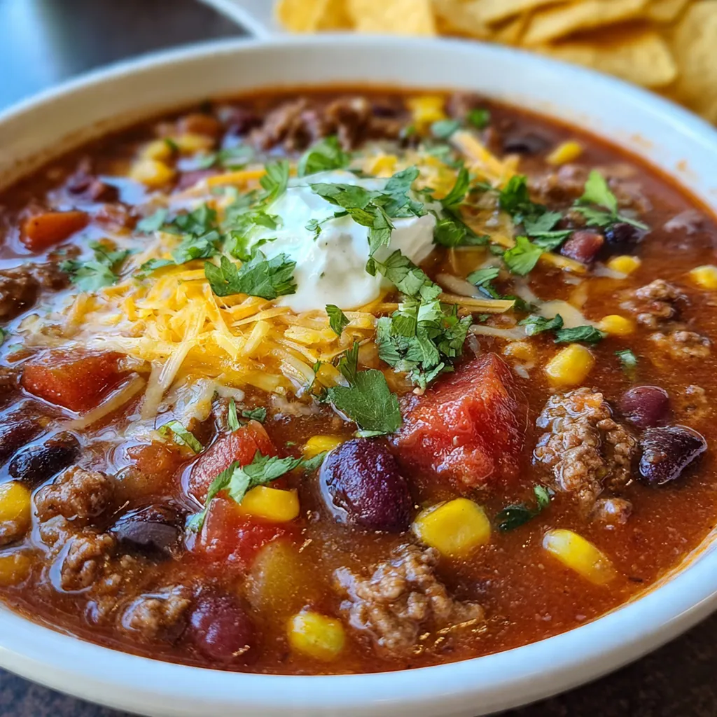 Close-up of a ladle dipping into a rich, hearty pot of taco soup, showcasing all the colorful beans and tender beef.