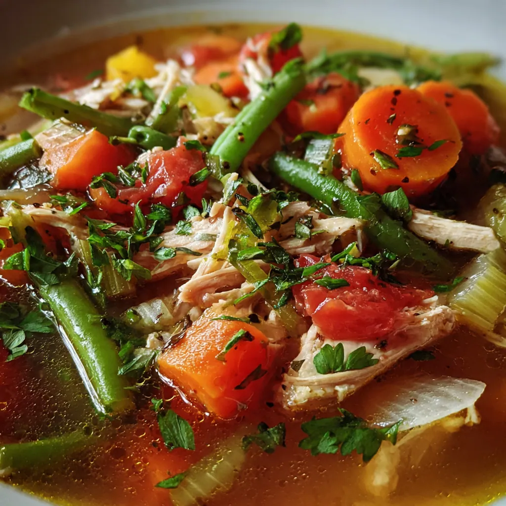 A complete dinner setting with a bowl of turkey soup, crusty bread, and a simple green salad