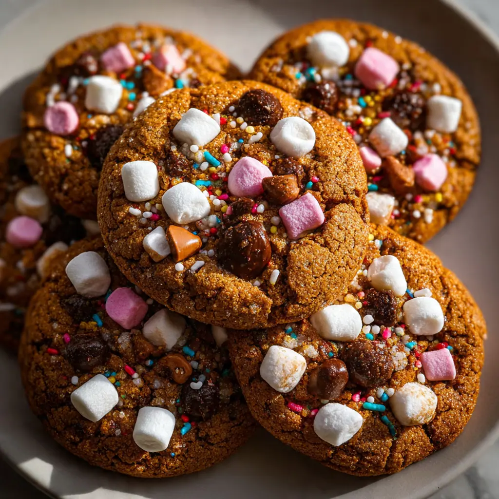 A stacked plate of finished molasses marshmallow cookies with a glass of milk