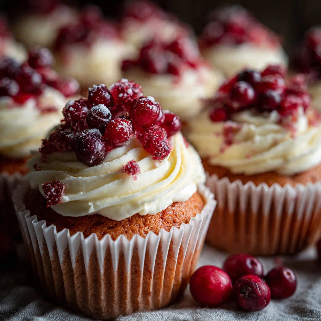 Close-up of a moist cupcake crumb studded with tart red cranberries and topped with creamy frosting