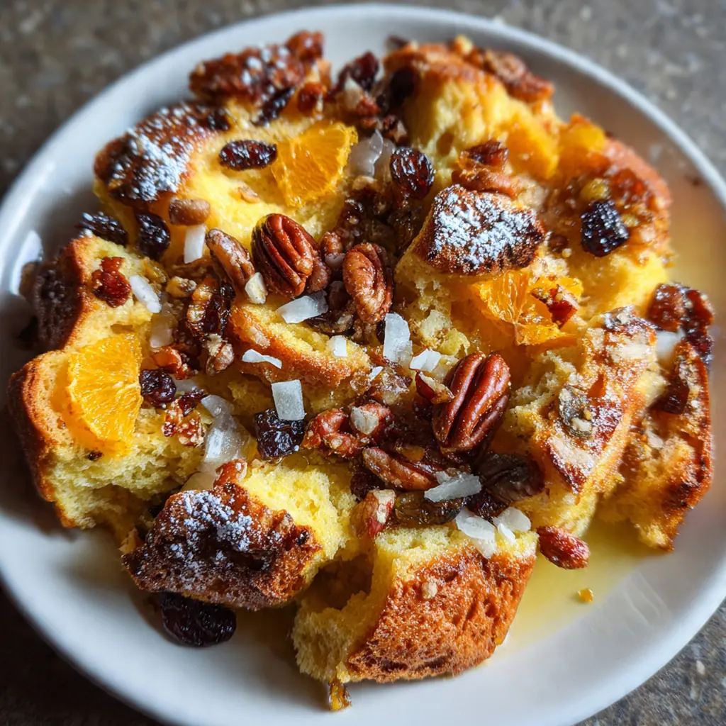 Close-up of rum-soaked dried fruits and glace cherries embedded in the moist cake