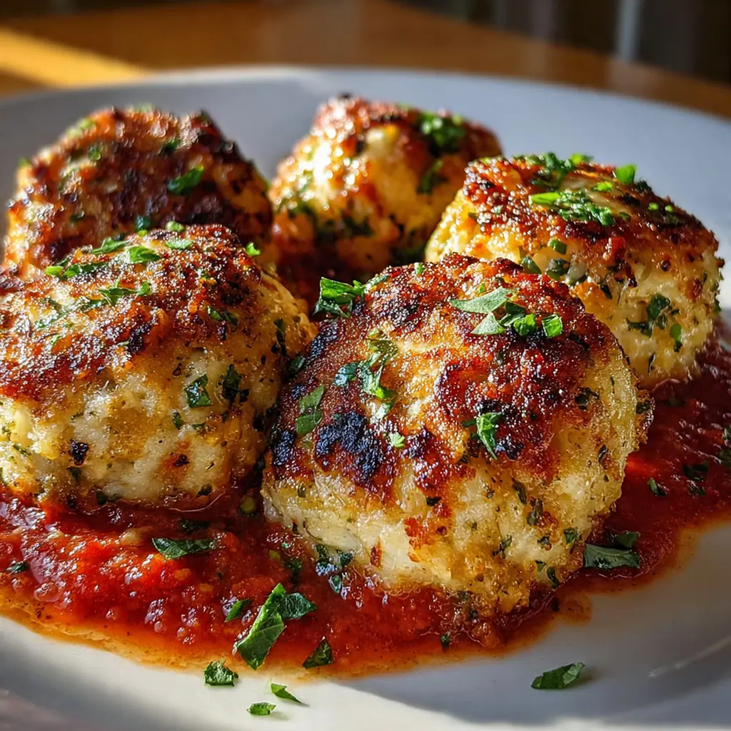 Close-up of tender chicken meatballs garnished with fresh basil and grated parmesan cheese.