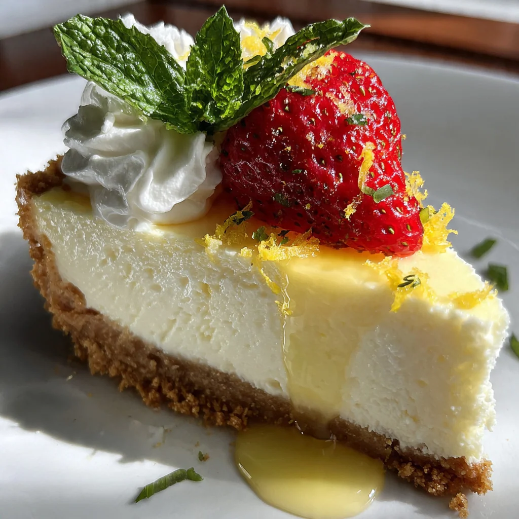 Slice of classic cheesecake on a white plate, showing the thick, velvety filling and crumbly crust with a dollop of whipped cream.