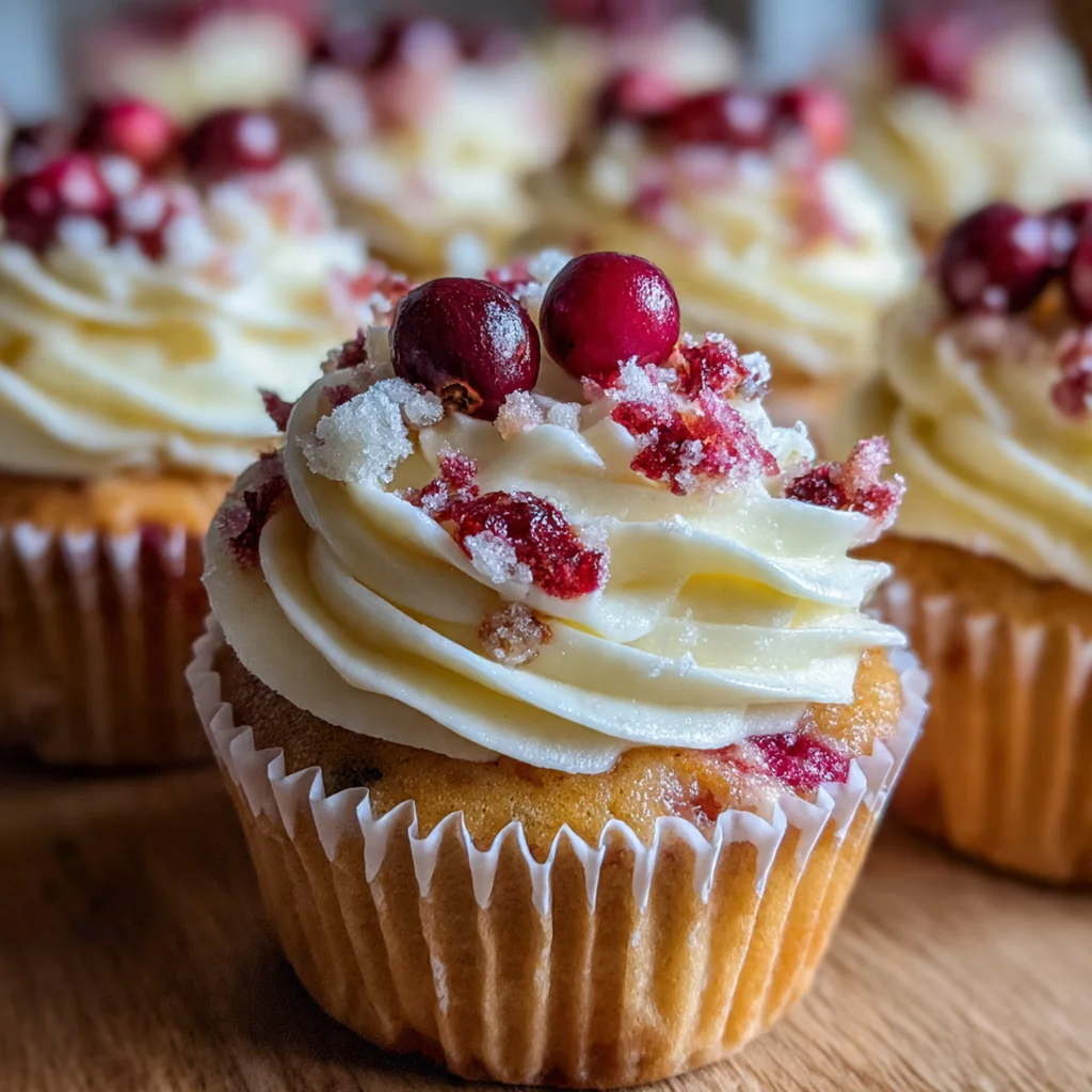 A hand placing a fresh cranberry and mint sprig on a perfectly frosted white chocolate cupcake