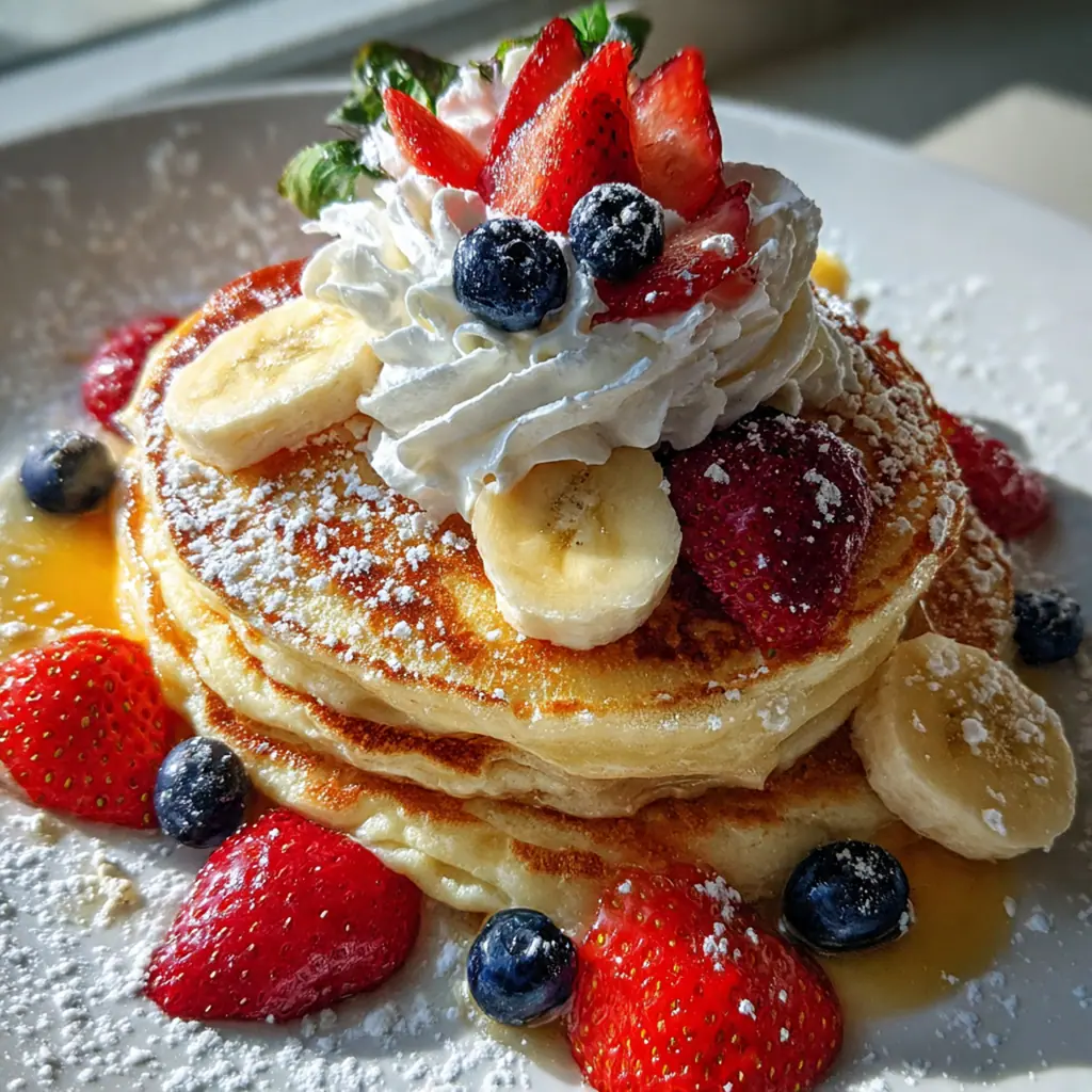 A rustic breakfast spread with pancakes, fresh berries, and a jug of maple syrup on a wooden table
