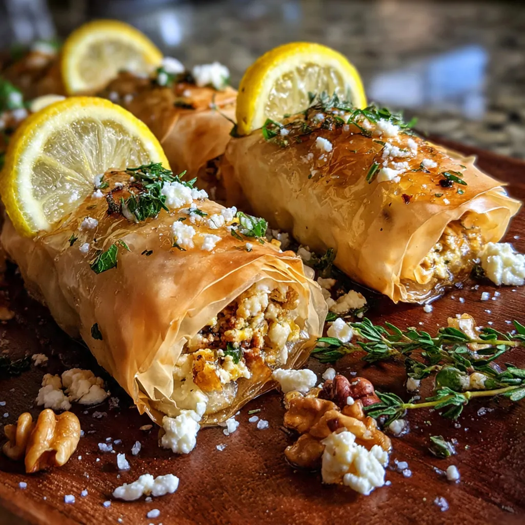 Overhead view of assembling the rolls, showing the phyllo dough, butter, and feta filling on a wooden board