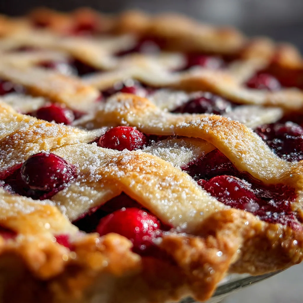 Close-up of a slice of cranberry pie with a tender, layered crust and glossy berries