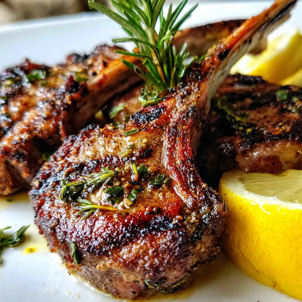 Close-up of a sizzling lamb chop fresh off the grill, glistening with herb marinade