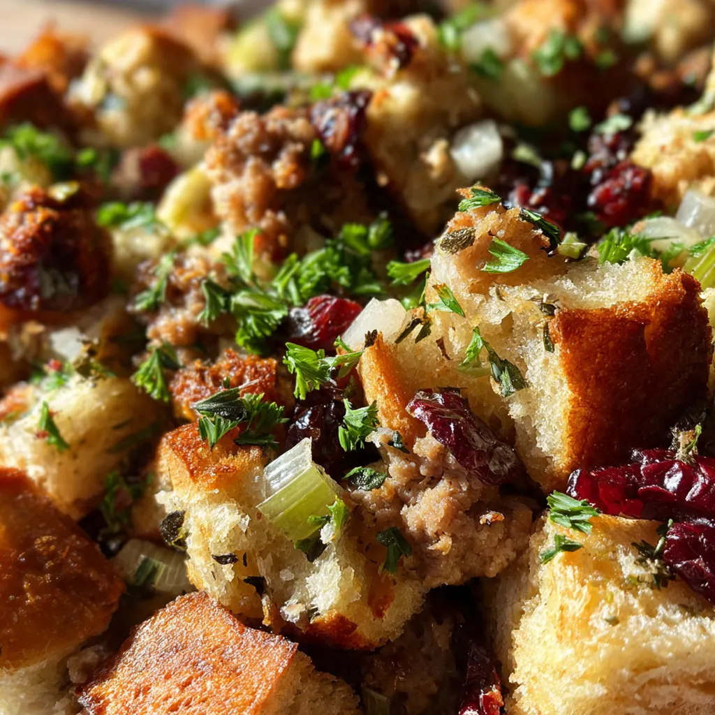 Close-up of the stuffing showing savory sausage, red cranberries, and crunchy walnuts mixed throughout