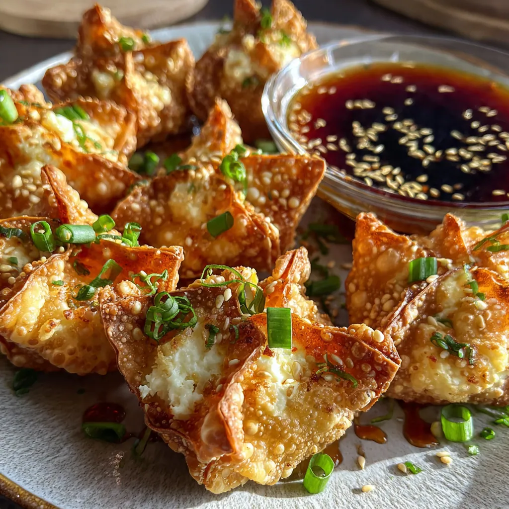 Close-up of a crispy fried wonton pouch broken open to reveal the hot, creamy crab and cheese filling