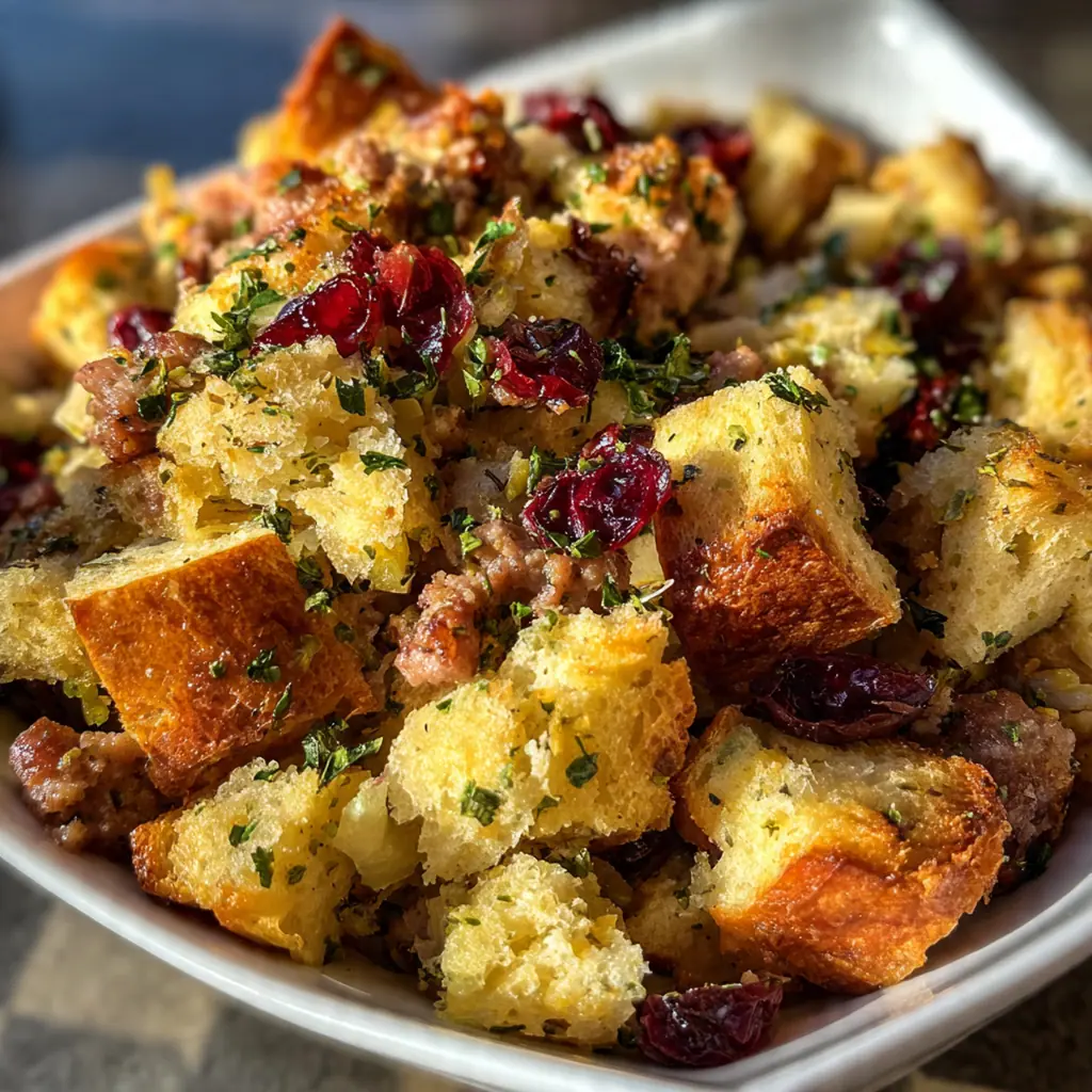 A festive holiday plate with a scoop of the stuffing next to sliced roast turkey and cranberry sauce
