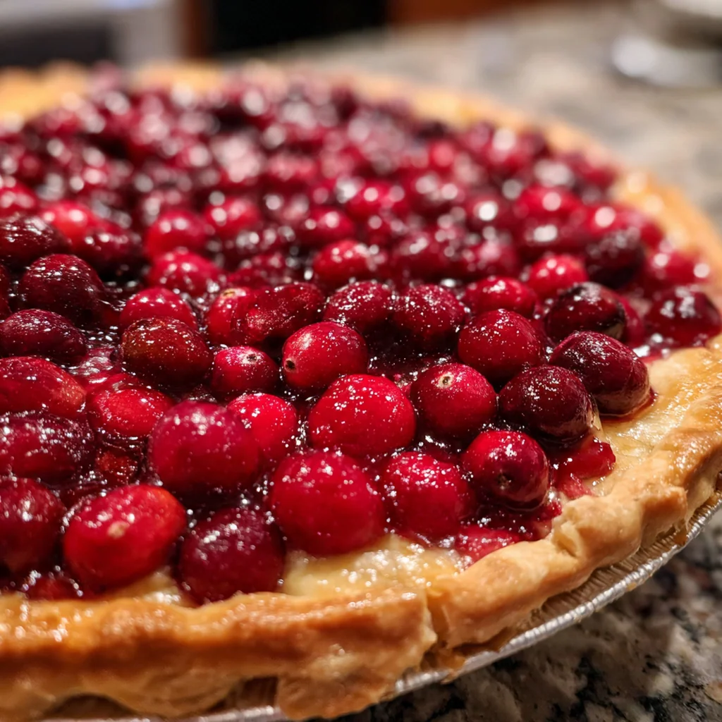 A whole cranberry pie on a cooling rack next to a bowl of fresh whipped cream