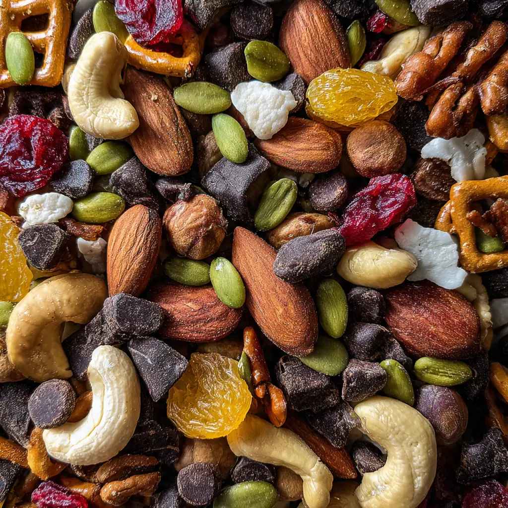 Close-up of a hand scooping a mix of pecans, almonds, and chocolate from a jar