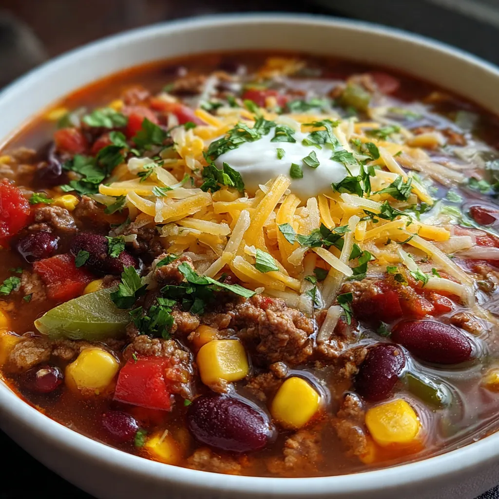 Overhead shot of a rustic table setting with bowls of taco soup surrounded by topping options like avocado, sour cream, and tortilla chips.