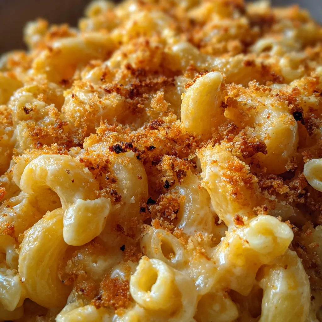 Close-up of a spoon pulling up a stretchy, cheesy portion of homemade macaroni and cheese