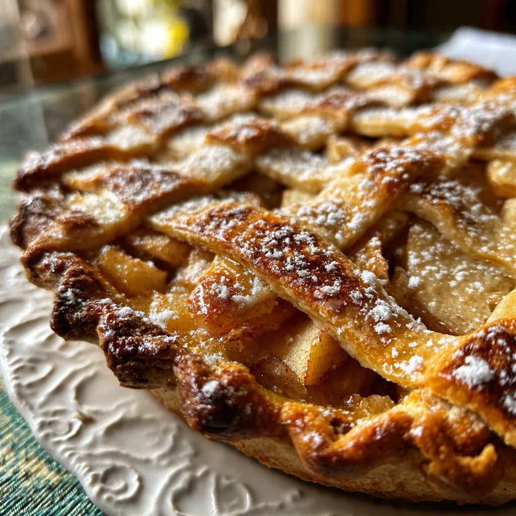 Close-up of a slice of apple pie showing layers of tender spiced apples and buttery crust