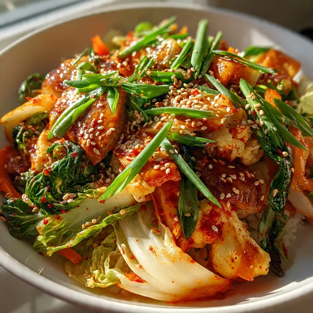 Close-up view of a hand mixing bibimbap with a spoon, showing the rich red gochujang blending with the egg yolk and rice