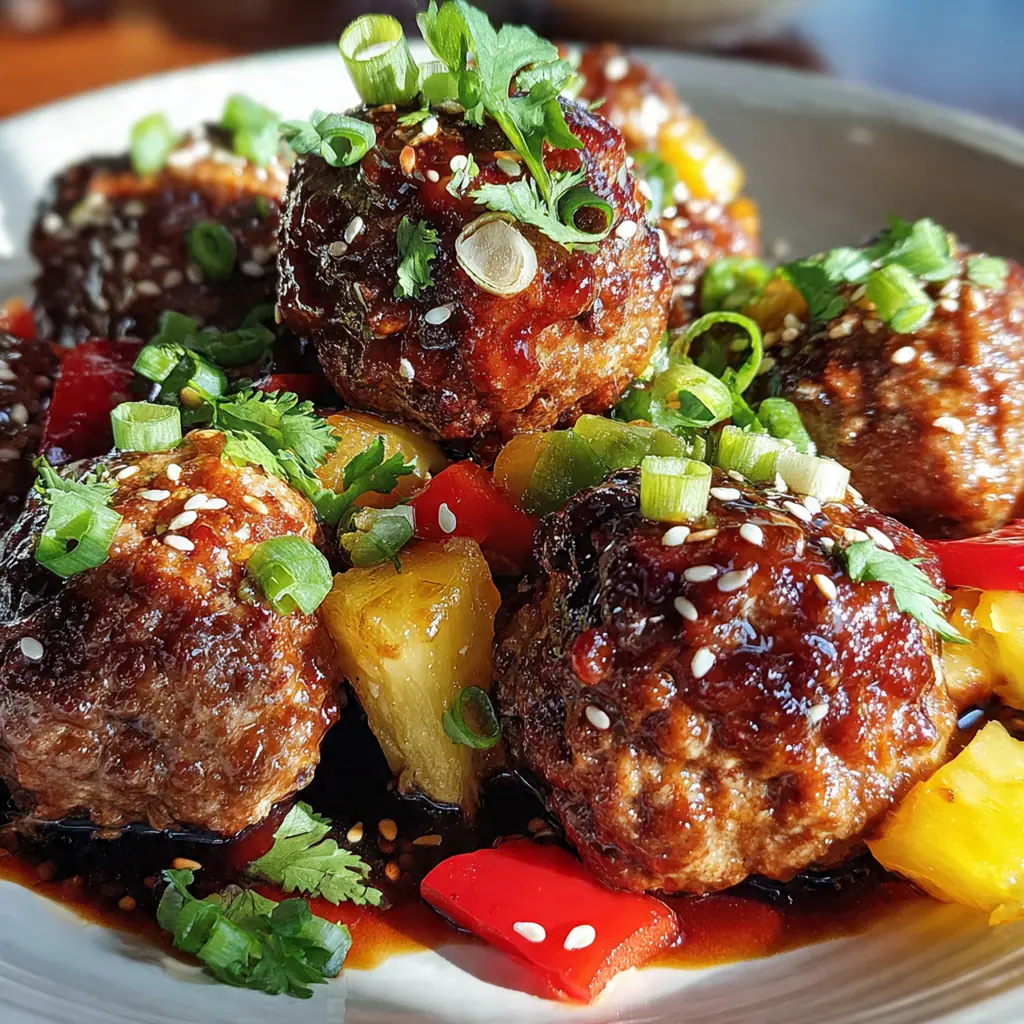 A beautiful plate of Hawaiian meatballs served over fluffy white rice and garnished with green onions