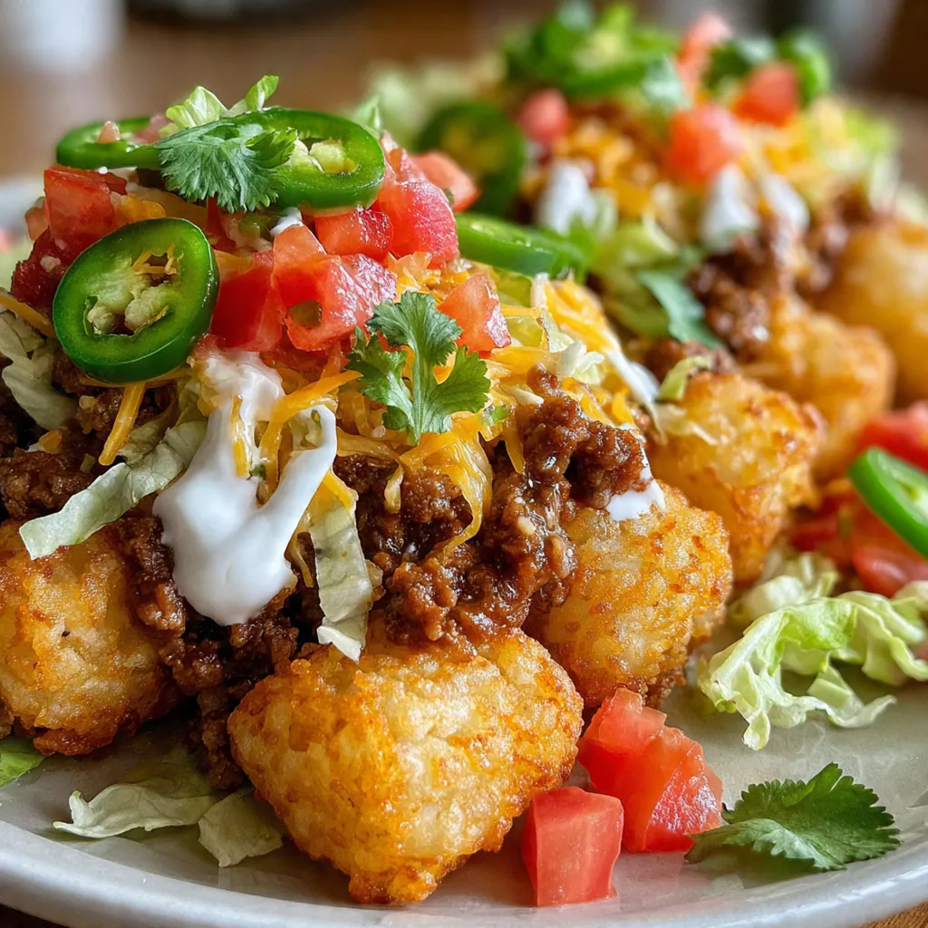 Close-up of a golden tater tot cup filled with eggs, bacon, and peppers on a rustic wooden table